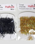 Tinsel chenille black, holographic gold 8mm - Halford Tiewell