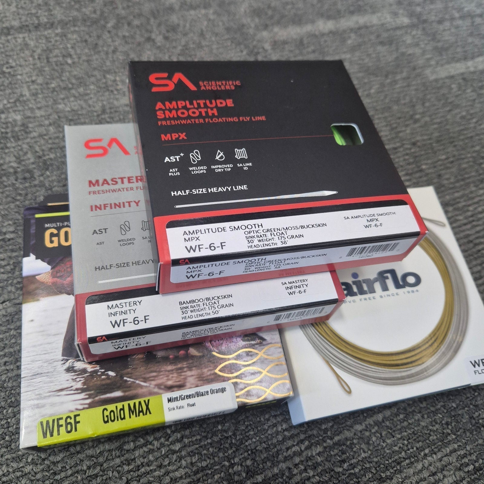 Fly fishing lines and reels showing different line weights and tapers for trout and saltwater fishing