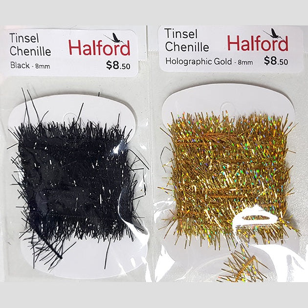 Tinsel chenille black, holographic gold 8mm  - Halford Tiewell